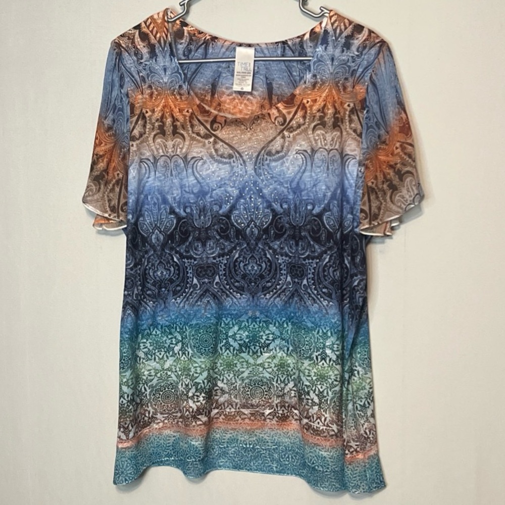 TIME AND TRU Top Women’s 2XL XXL Paisley Scrolls Scoopneck Sequins Colorful